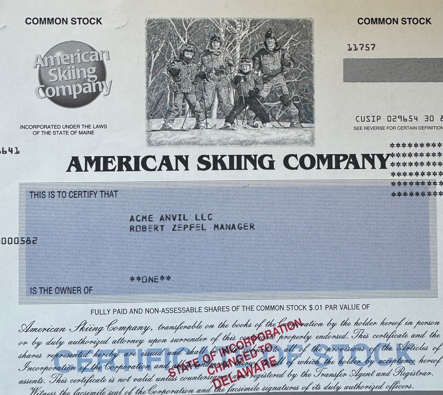 American Skiing Company Stock Certificate (feat photo of Skiers)