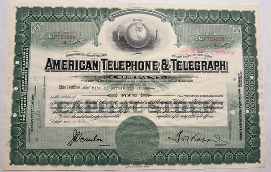 AT&T Green Stock Certificate (American Telephone & Telegraph Company)