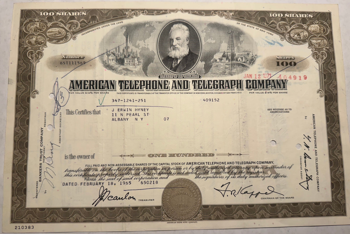 AT&T - American Telephone & Telegraph Company (feat Alexander Graham Bell) Stock Certificate