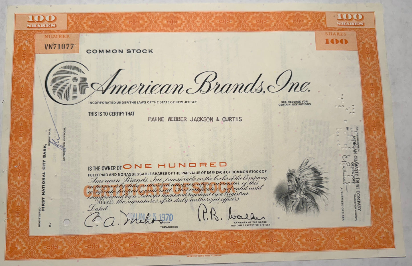 American Brands Inc Stock Certificate (Lucy Strike + Pall Mall cigarettes)