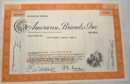 American Brands Inc Stock Certificate (Lucy Strike + Pall Mall cigarettes)