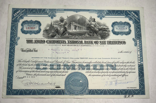 Anglo California National Bank of San Fransisco (now Wells Fargo) Stock Certificate