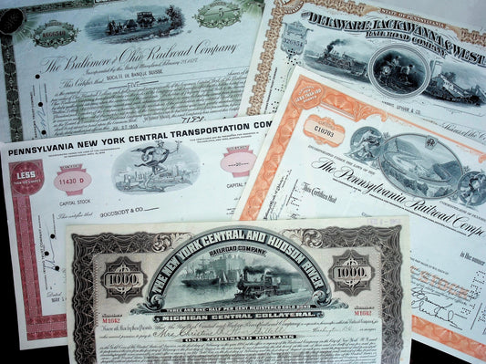 Railroad Stock & Bond Certificate Five Pack - 4x Stocks & 1x Bond Bundle