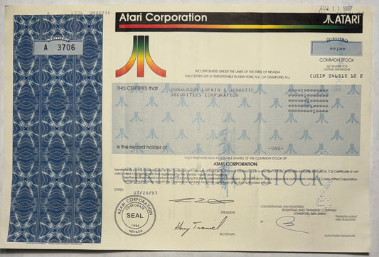 Atari Stock Certificate