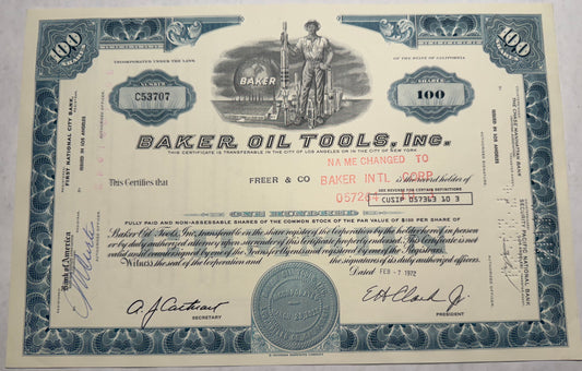 Baker Oil Tools Inc Stock Certificate