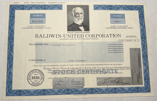 Baldwin-United Stock Certificate Blue border with a vignette of Dwight Hamilton Baldwin from 1985