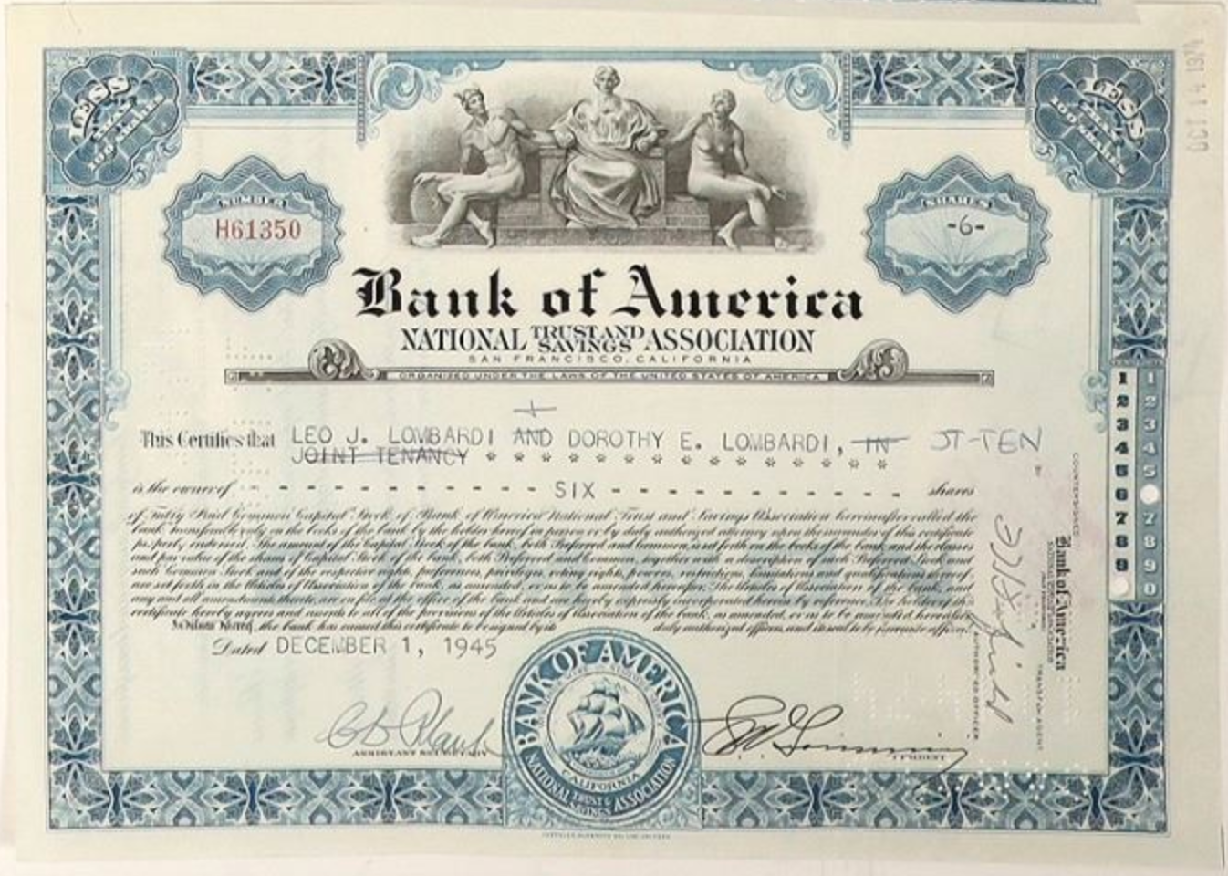 Bank of America Stock Certificate from 1945