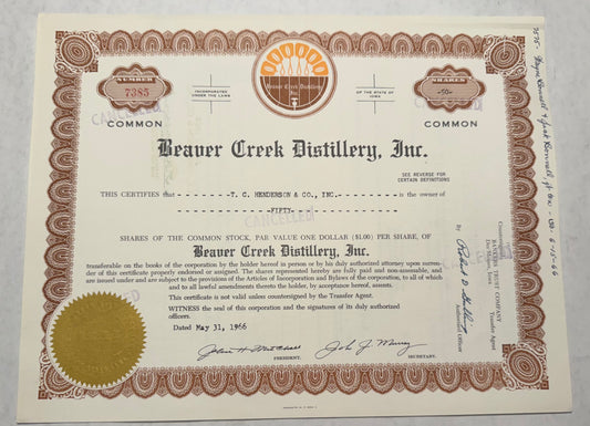 Beaver Creek Distilling Inc (Iowa Whiskey) Stock Certificate