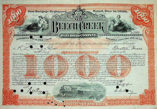 Beech Creek Railroad Bond Certificate from 1939