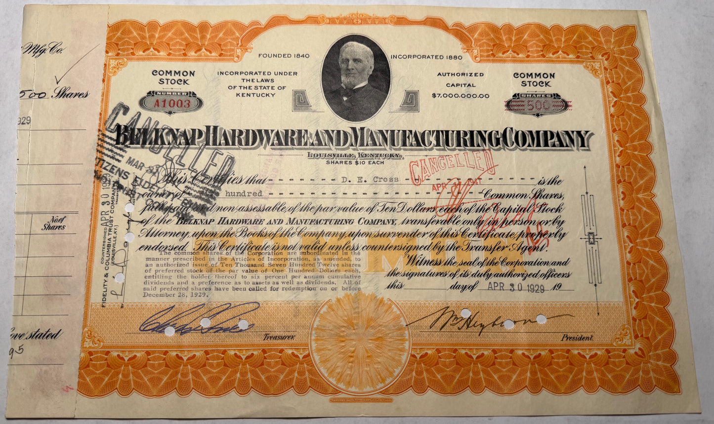 Belknap Hardware and Manufacturing Company Stock Certificate