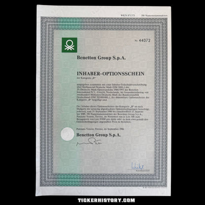 Benetton Group (Fashion co) S.p.A German Certificate from 1986