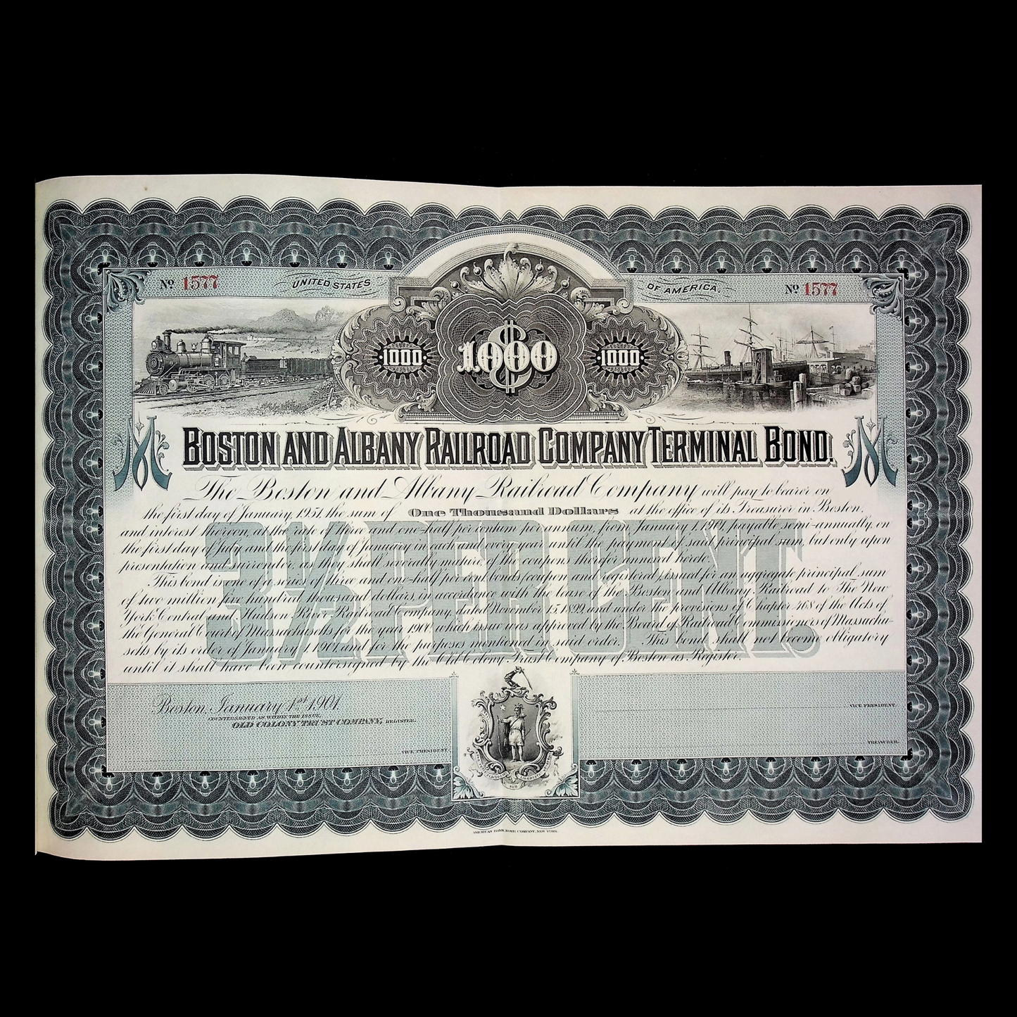 Boston & Albany Railroad Company Terminal (Kneeland Street Depot) Bond Certificate from 1901