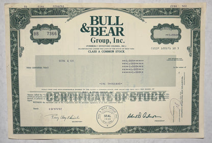 Bull & Bear Group Inc Stock Certificate