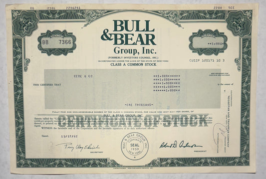 Bull & Bear Group Inc Stock Certificate