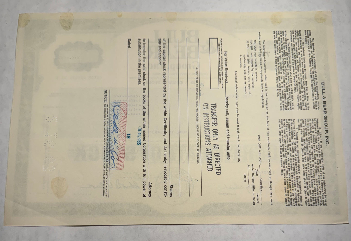 Bull & Bear Group Inc Stock Certificate