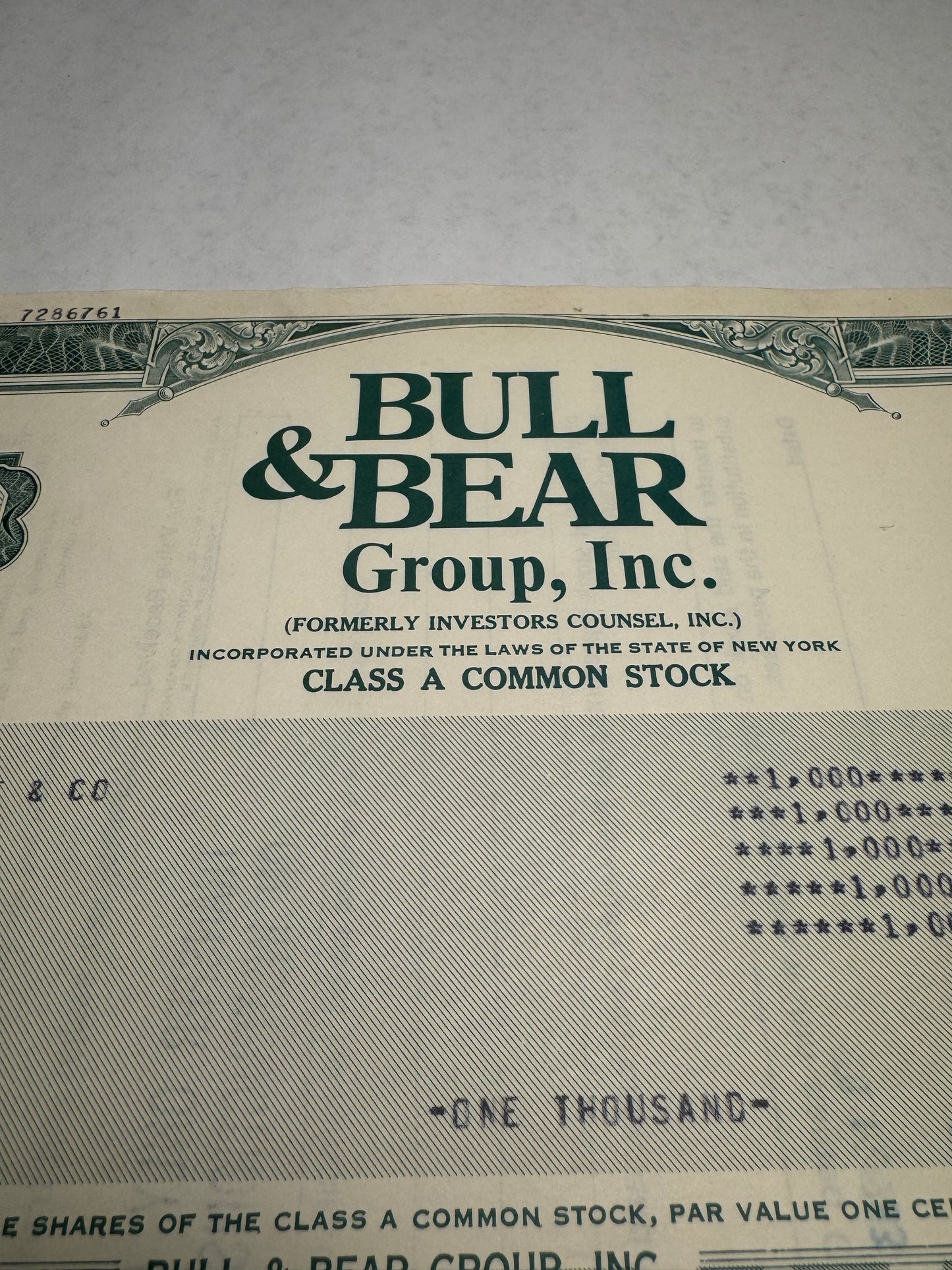 Bull & Bear Group Inc Stock Certificate