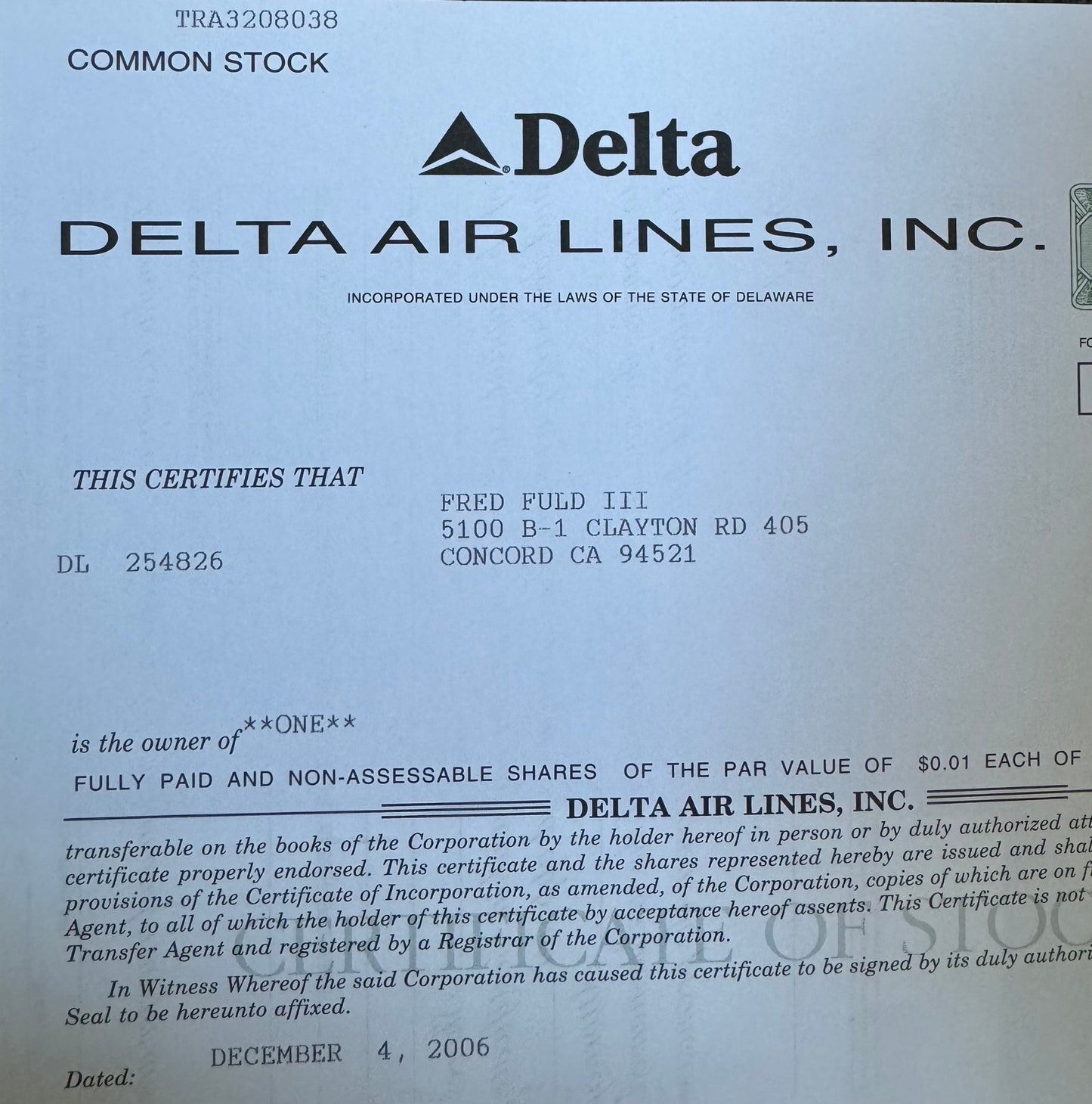 Delta Air Lines, Inc Stock Certificate