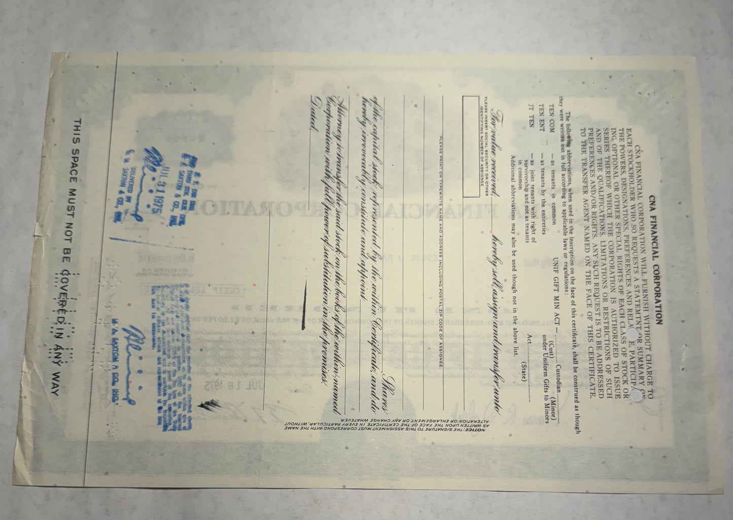 CNA Financial (Insurance) Stock Certificate