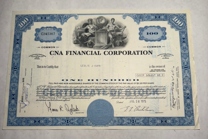 blue stock certificate from CNA Financial Corporation, issued in 1975