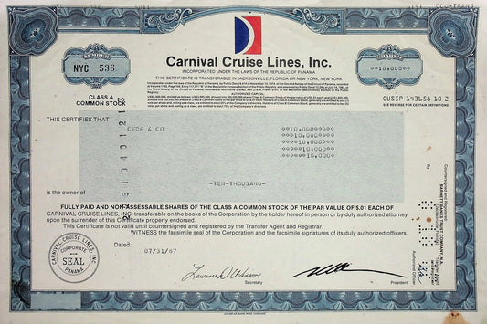 Carnival Cruise Lines, Inc Stock Certificate