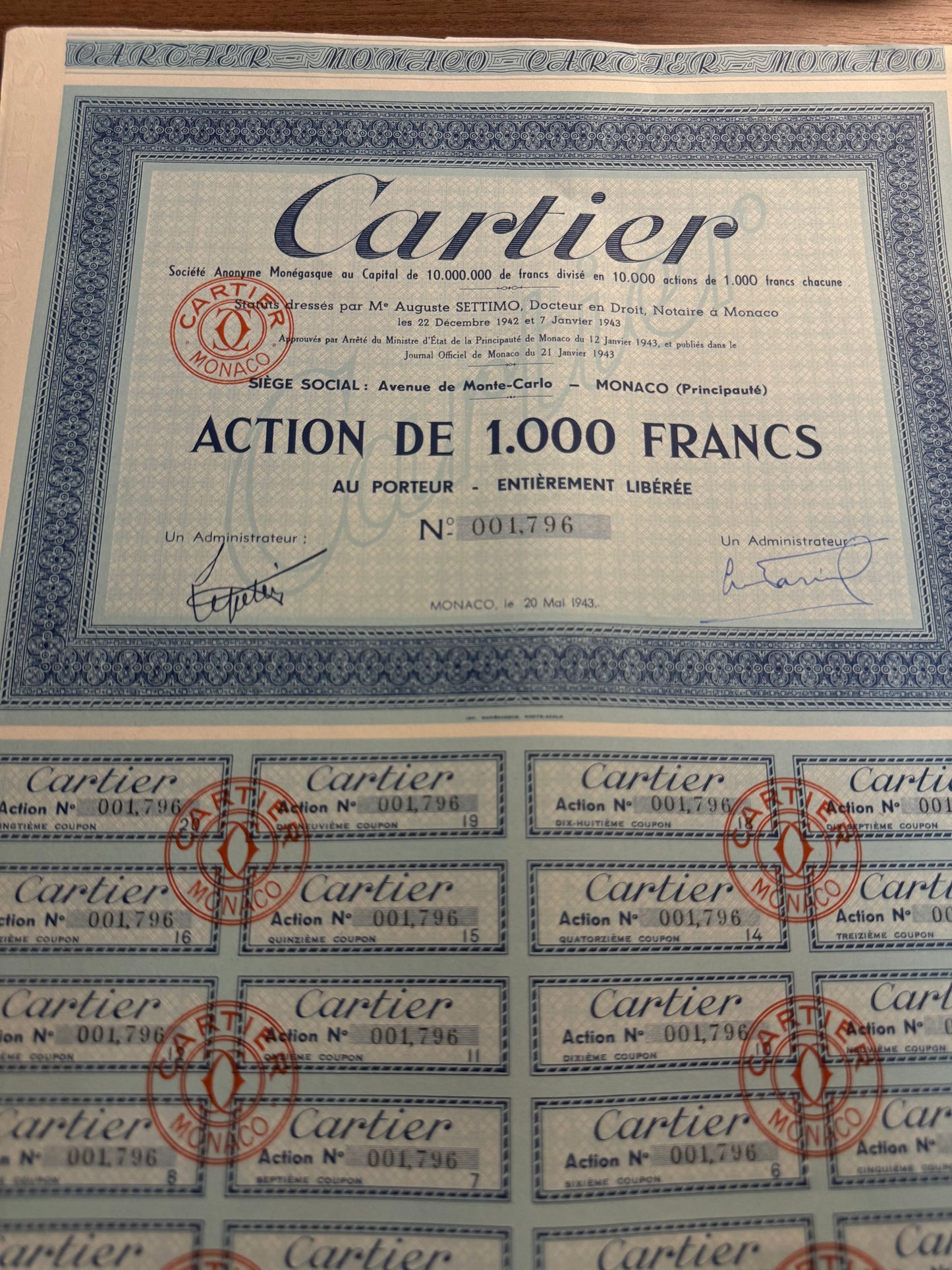 Cartier (Jeweler) 1943 Bond Certificate