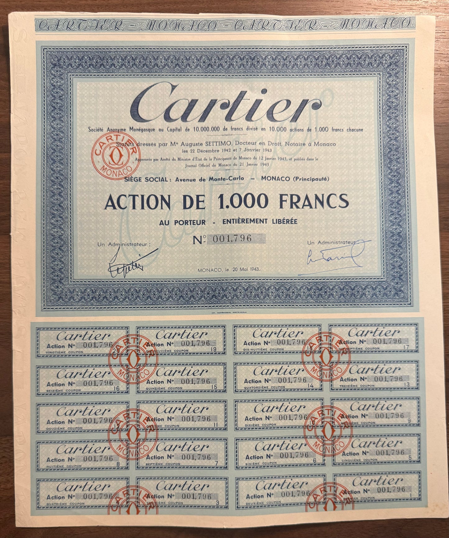 Cartier (Jeweler) 1943 Bond Certificate