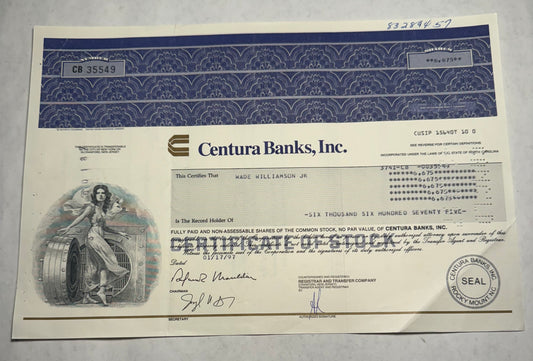 Centura Banks (RBC, now PNC Bank) Inc Stock Certificate