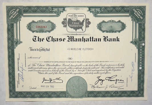 Chase Manhattan Bank 1960 Stock Certificate