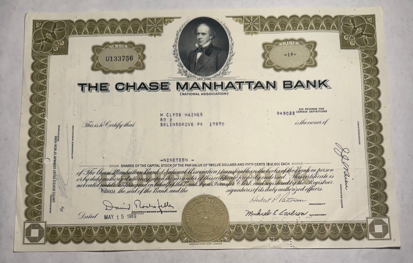 Chase Manhattan Bank 1960 Stock Certificate