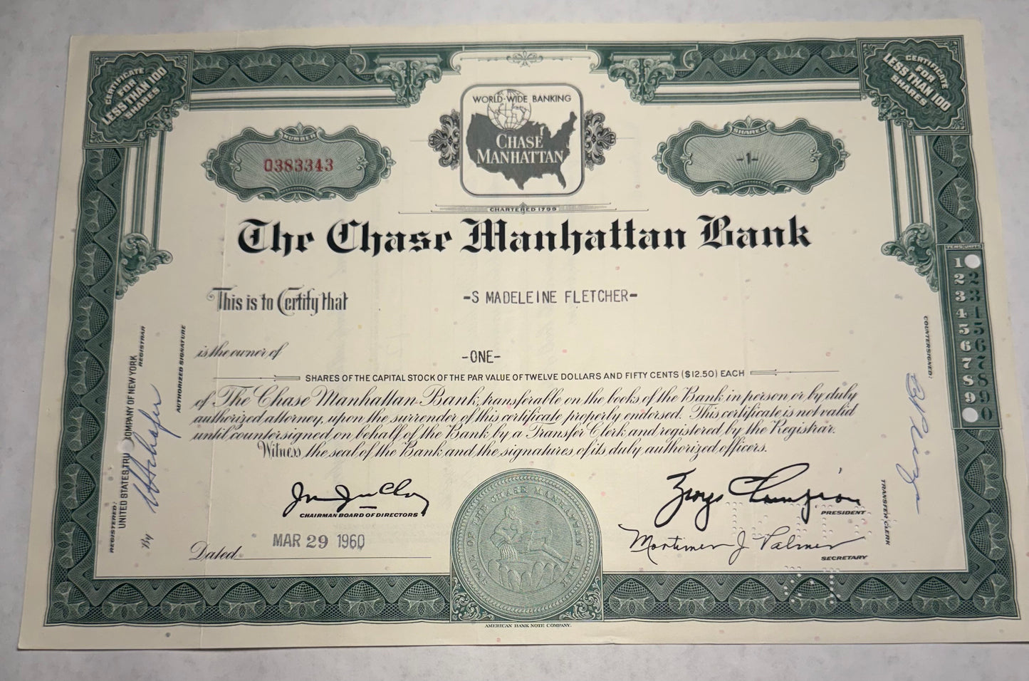 Chase Manhattan Bank 1960 Stock Certificate