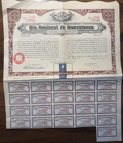 Cia. Nacional de Inversiones Sociedad Civil Particular (Mexican Investment Co) Stock Certificate 1935