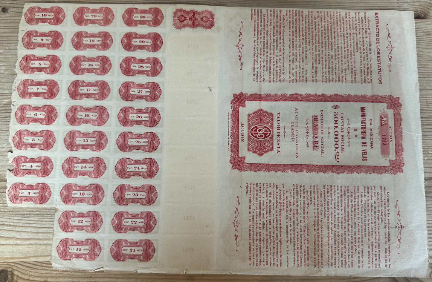 Cia Mexicana Manufacturera De Velas, S.A. Bond Certificate with Coupons (Mexican Candle Co)