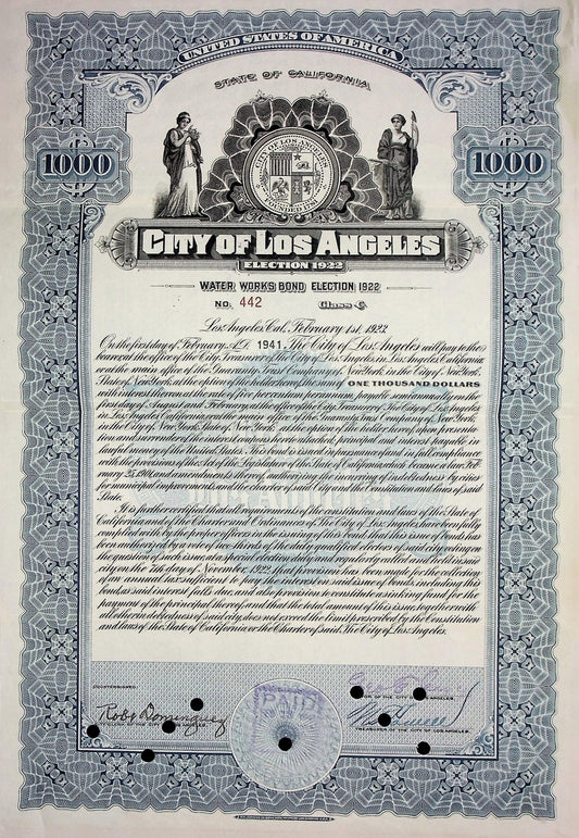 City of Los Angeles Water Works Bond Certificate Signed By Mayor George E. Cryer in 1941