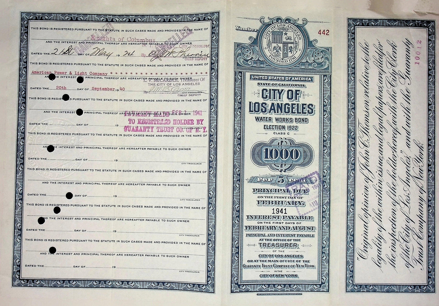 City of Los Angeles Water Works Bond Certificate Signed By Mayor George E. Cryer in 1941