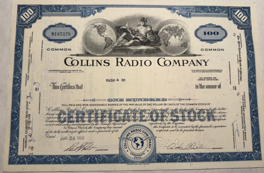 Collins Radio Stock Certificate