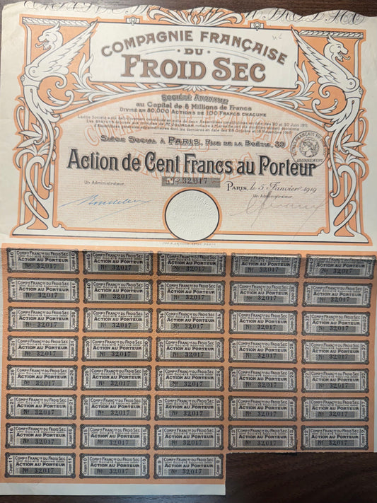 French Refrigeration Company (Compagnie Française du Froid Sec) Stock Certificate from 1919