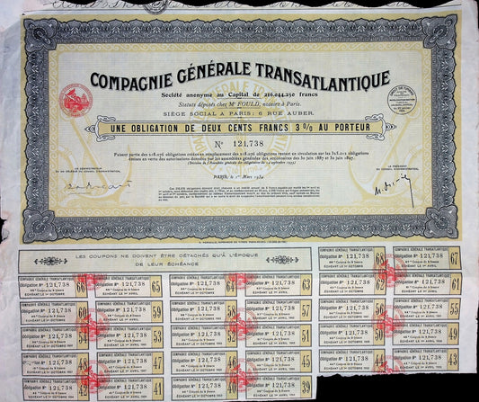 Compagnie Générale Transatlantique (French Shipping line) bond from 1934