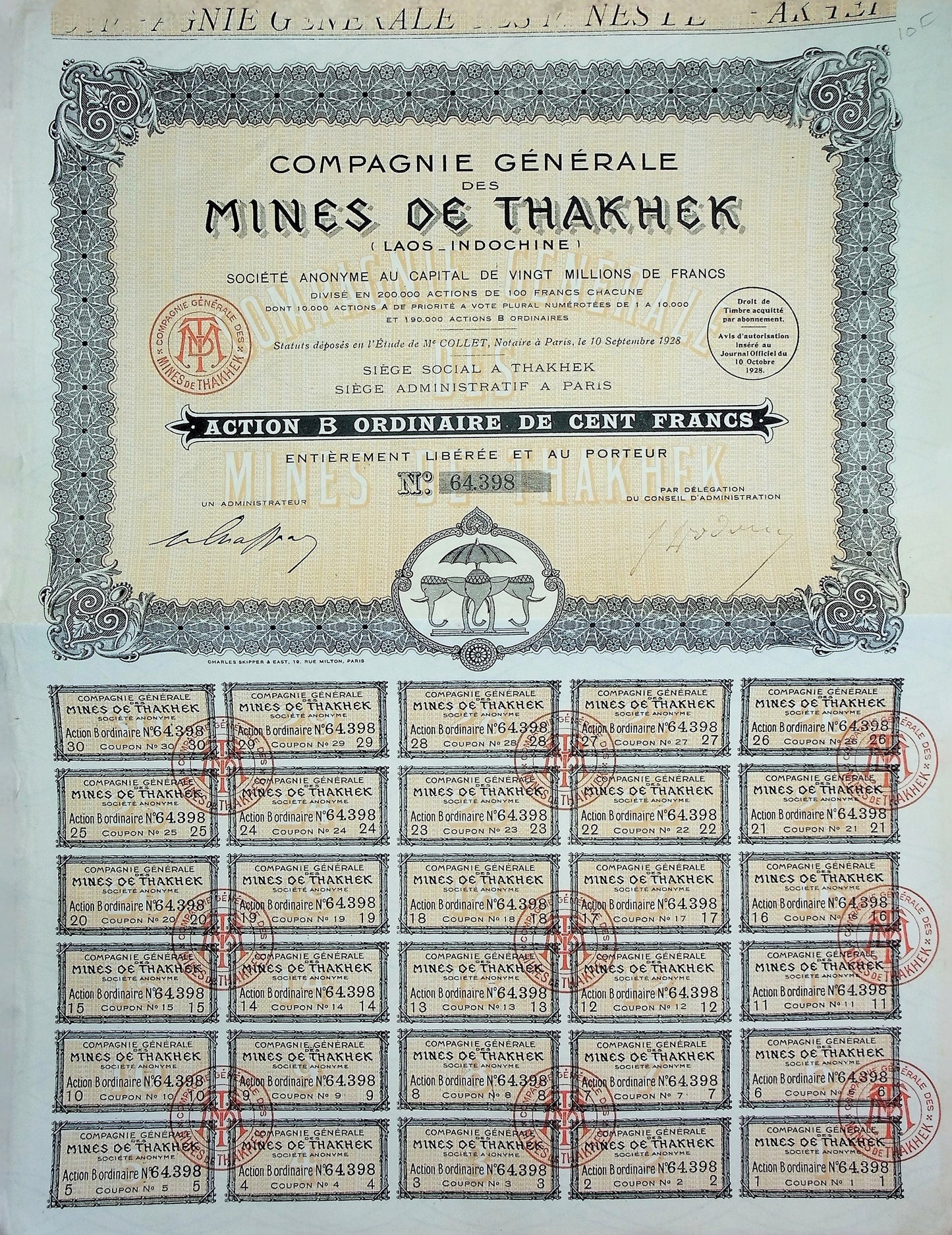 Mines de Thakhek (French mining Laos/ Indochina) from 1928 Stock Certificate