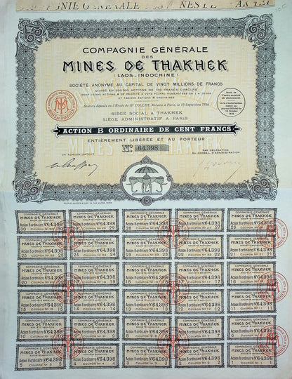 Mines de Thakhek (French mining Laos/ Indochina) from 1928 Stock Certificate