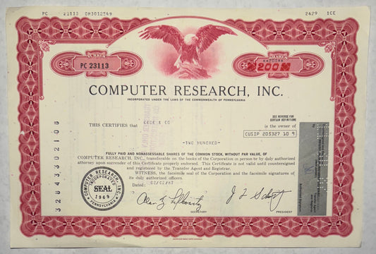 Computer Research Inc Stock Certificate