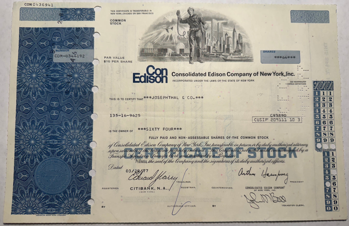 ConEd (Consolidated Edison Company of New York) Stock Certificate - Featuring Twin Towers / NYC Skyline