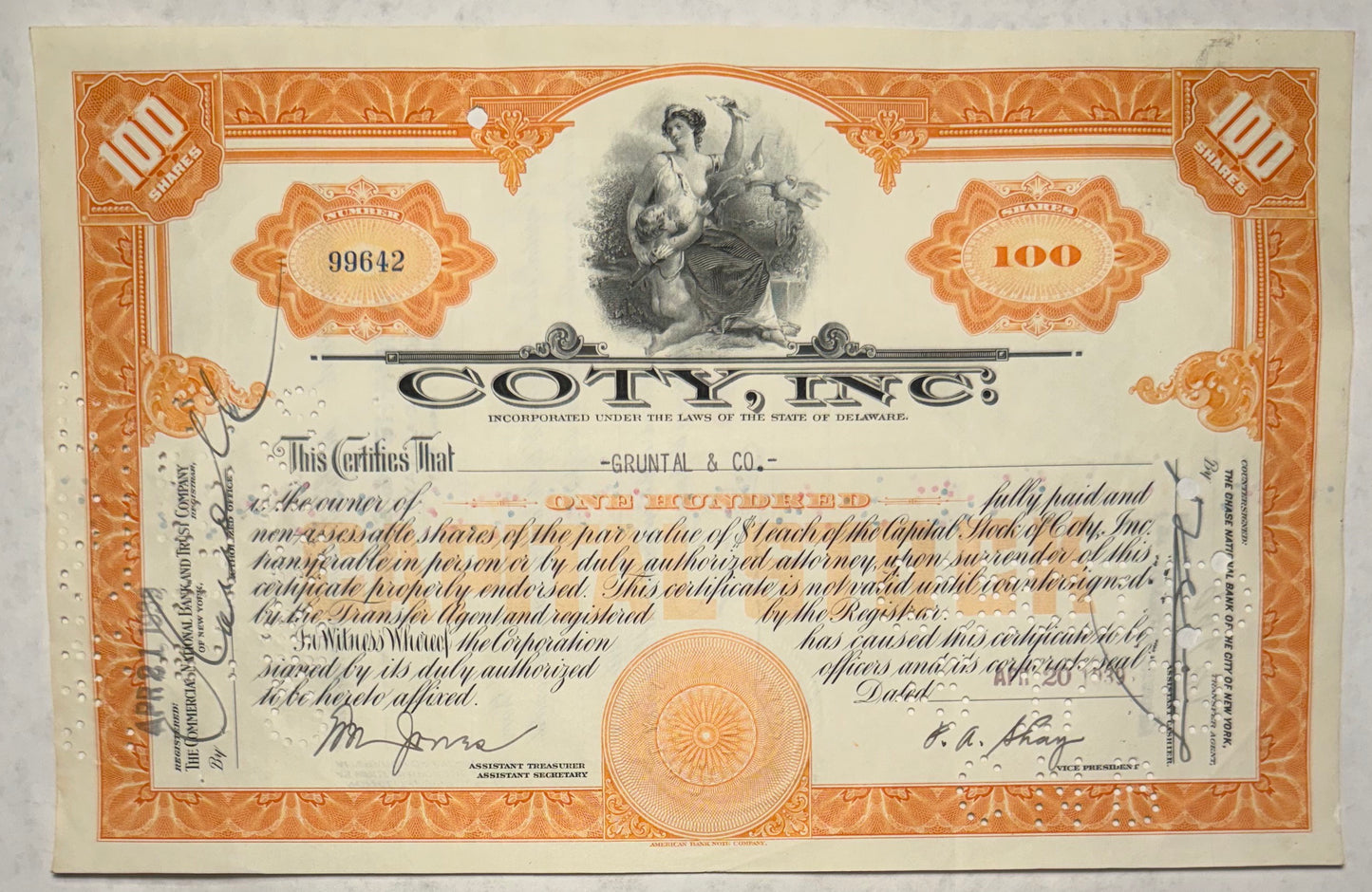 Coty, Inc Stock Certificate (Orange)