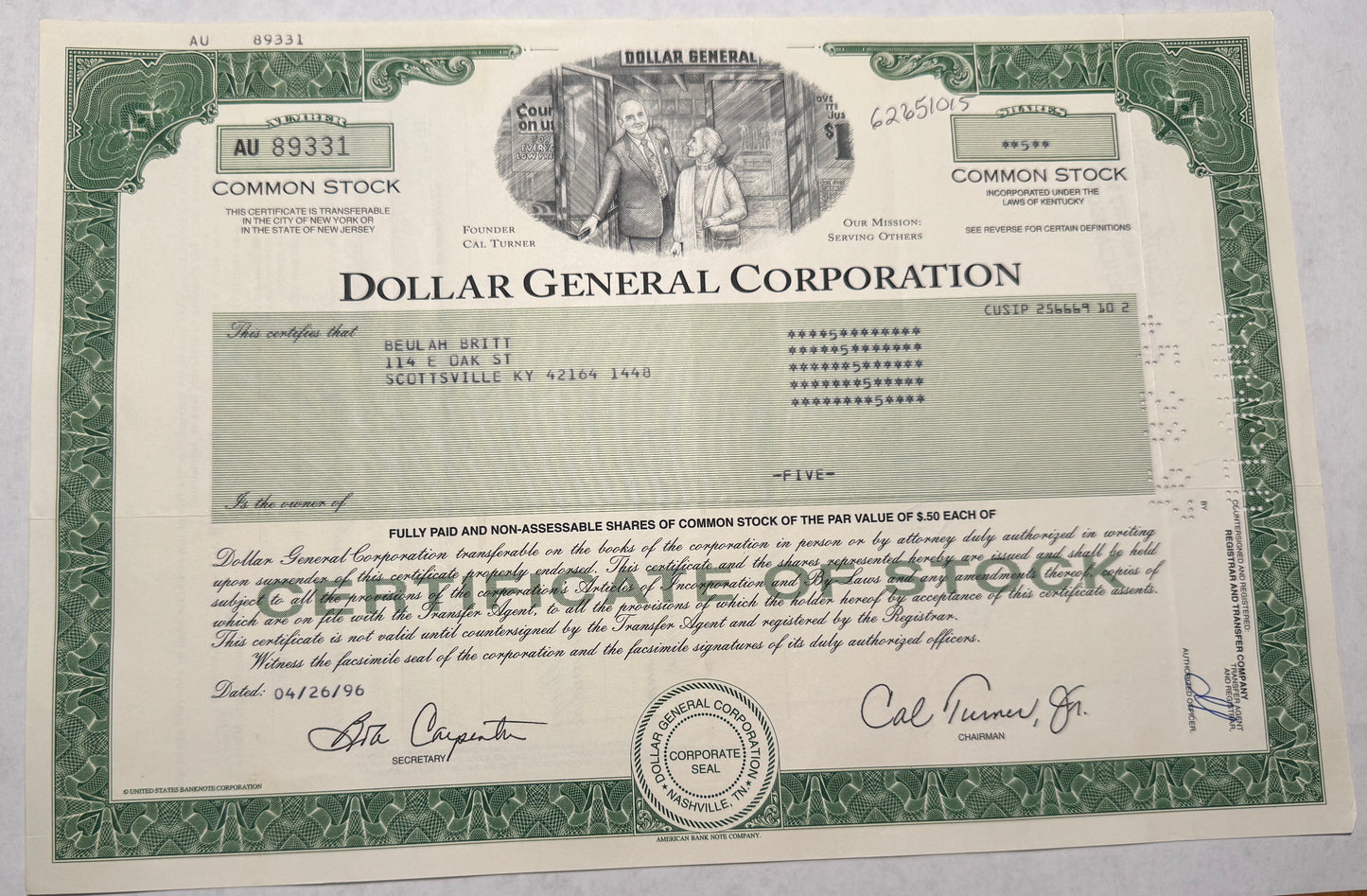 Dollar General Green Stock Certificate (with founders) Stock Certificate