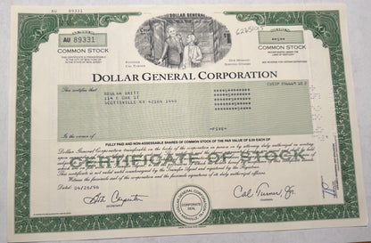 Dollar General Green Stock Certificate (with founders) Stock Certificate