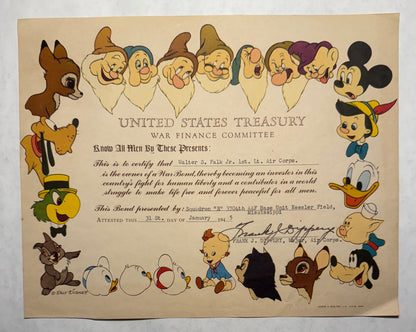 Walt Disney World War 2 Bond Certificate