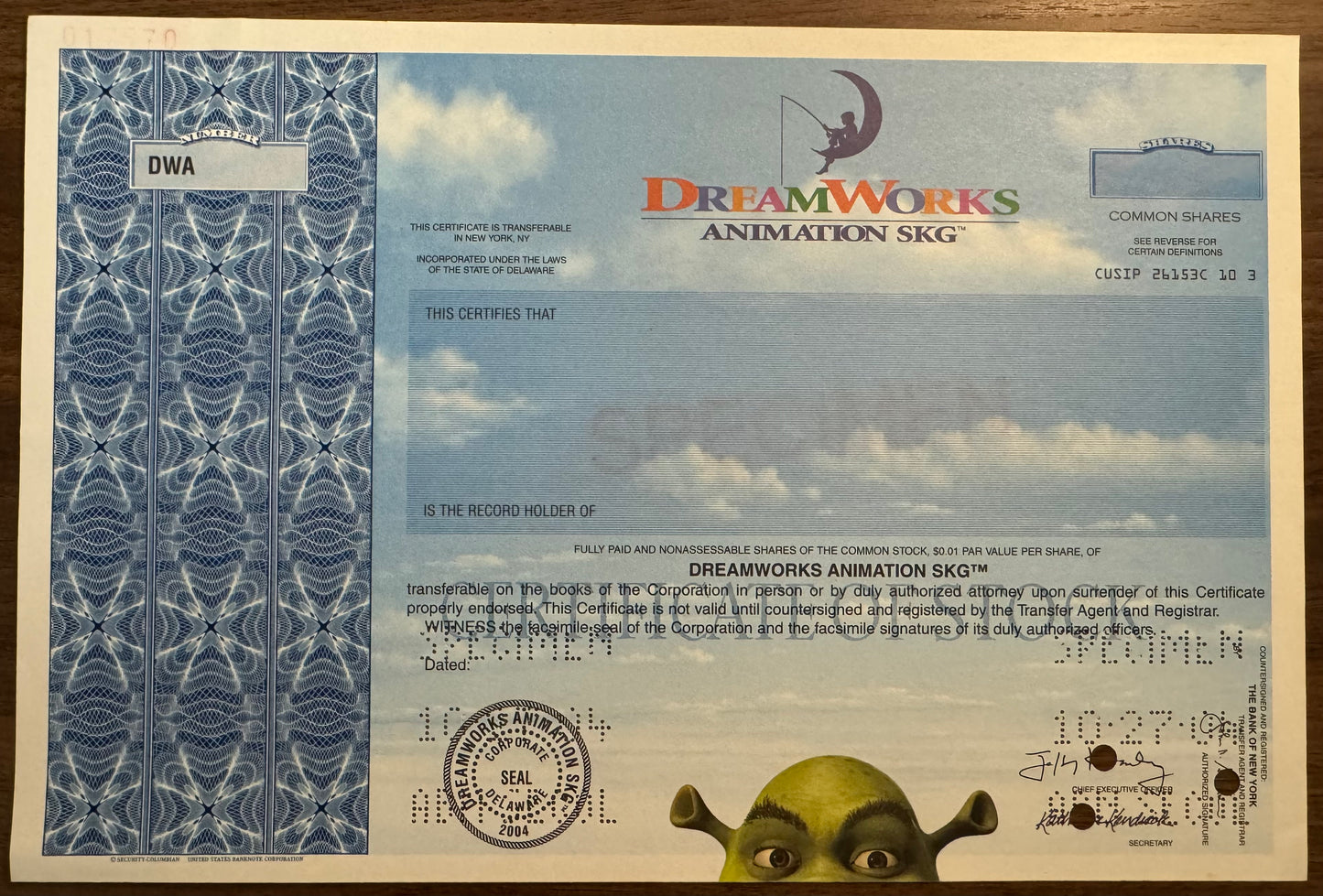 DreamWorks Animation - Specimen Stock Certificate (Colorful w/ Shrek!)