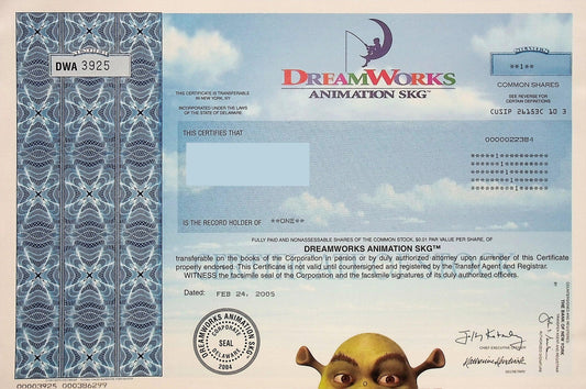 DreamWorks Stock Certificate (Issued) - 2005