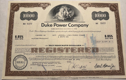 Duke Power Company $10,000 Bond Certificate