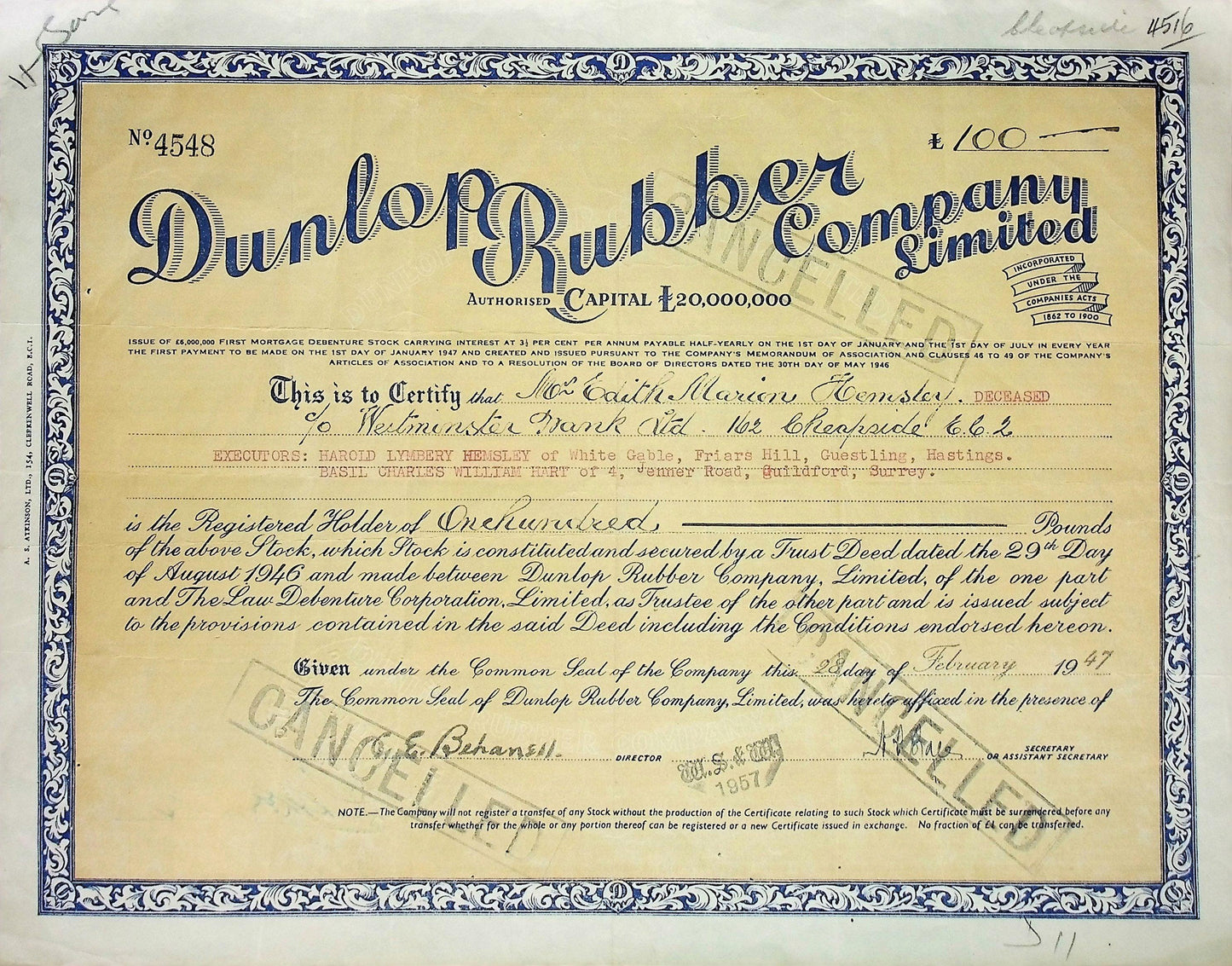 Large Dunlop Rubber Company (Goodyear / Dunlop Sports) Limited Stock Certificate from 1947