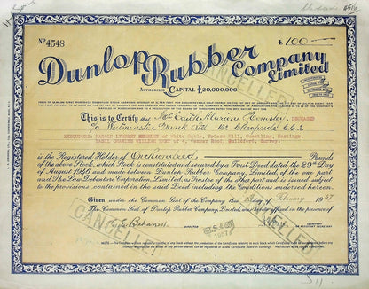 Large Dunlop Rubber Company (Goodyear / Dunlop Sports) Limited Stock Certificate from 1947